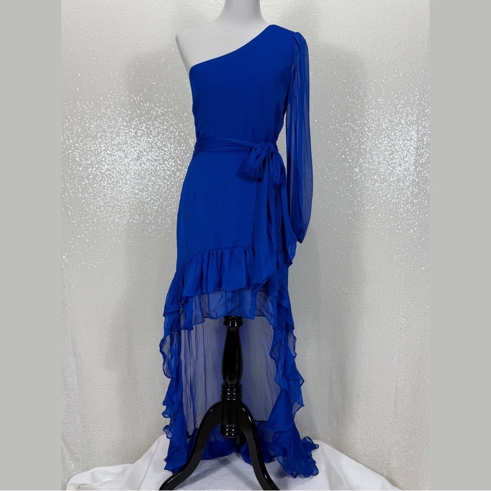 Gianni Bini Cobalt Blue One Shoulder Hi Low Dress Size 8 Asymmetrical Chiffon - Picture 12 of 13